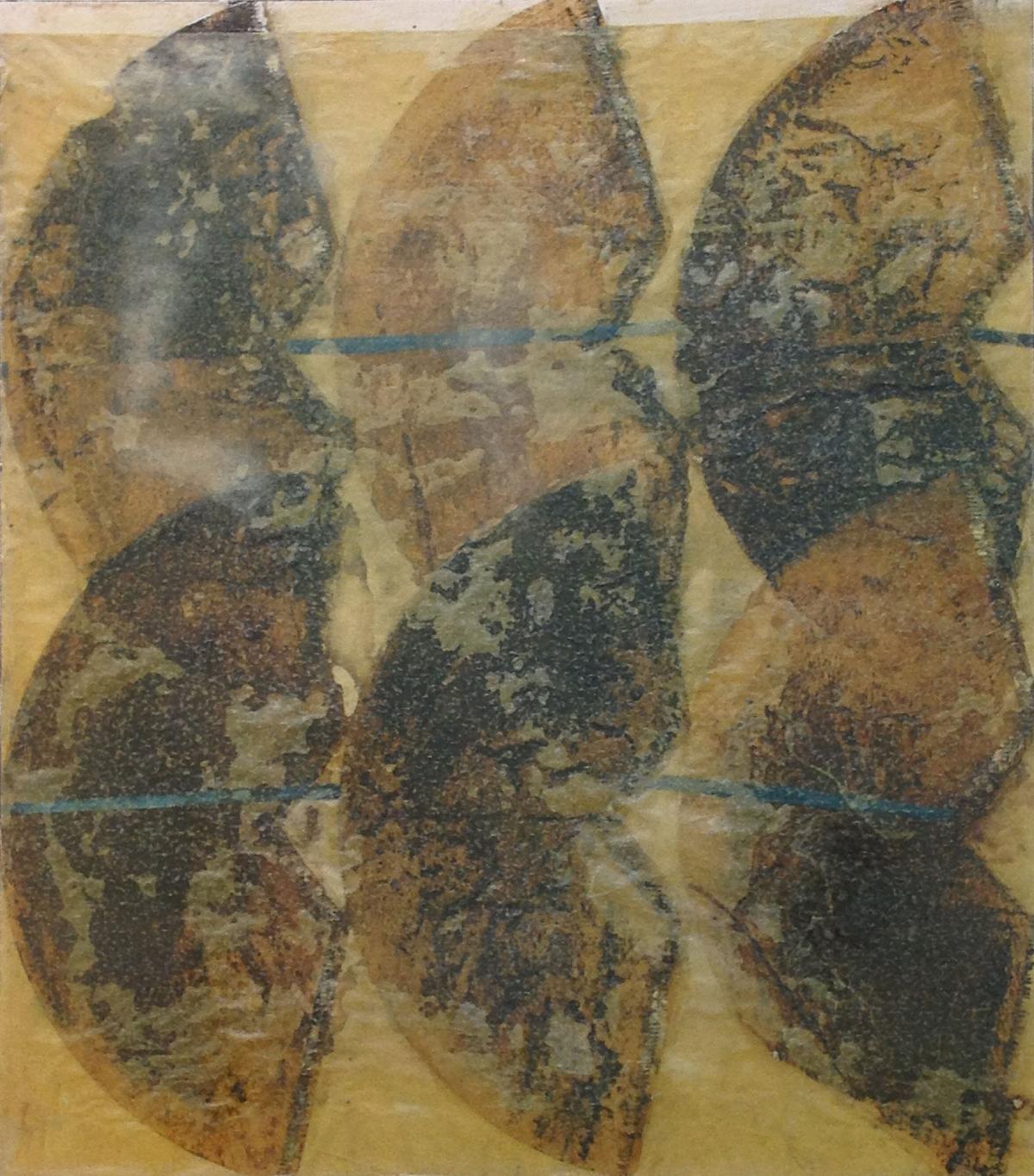 Fächer Gitter Flügel 6, 2000, Acryl, Collage und Wachs auf Holz, 50 x 44 cm